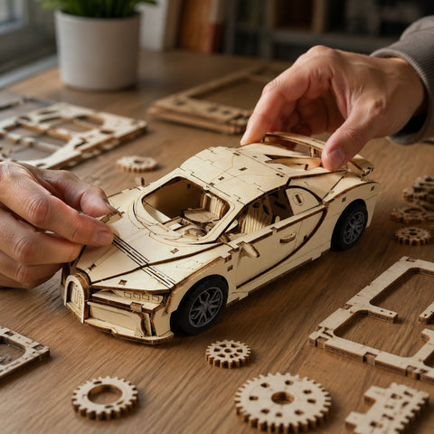 Person assembling the wooden hypercar model on a workbench