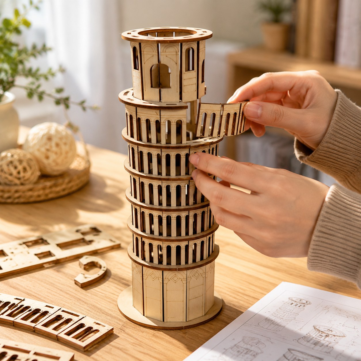 Adult assembling the Leaning Tower of Pisa 3D wooden puzzle on a wooden desk