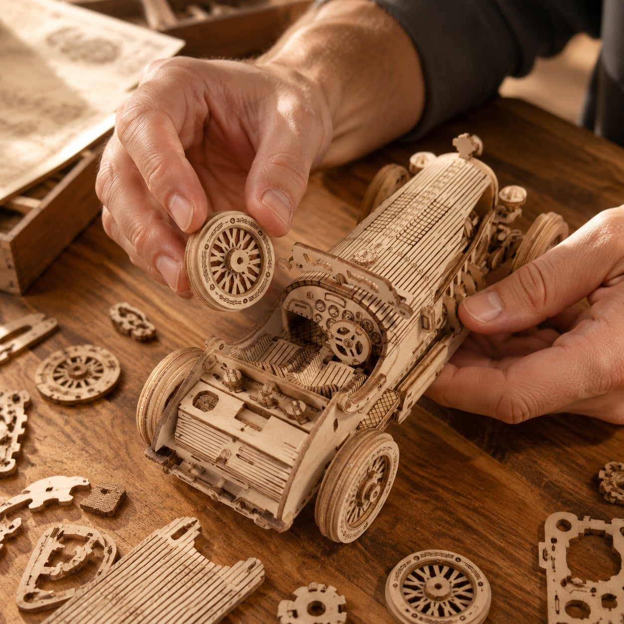 Adult hands assembling a vintage sports car 3D wooden puzzle on a wooden workbench.