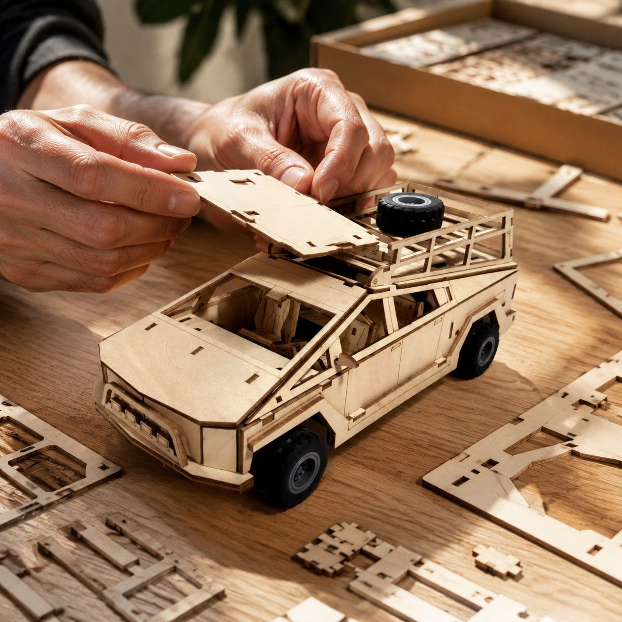 Adult hands assembling the Futuristic Geometric Pickup 3D Wooden Puzzle