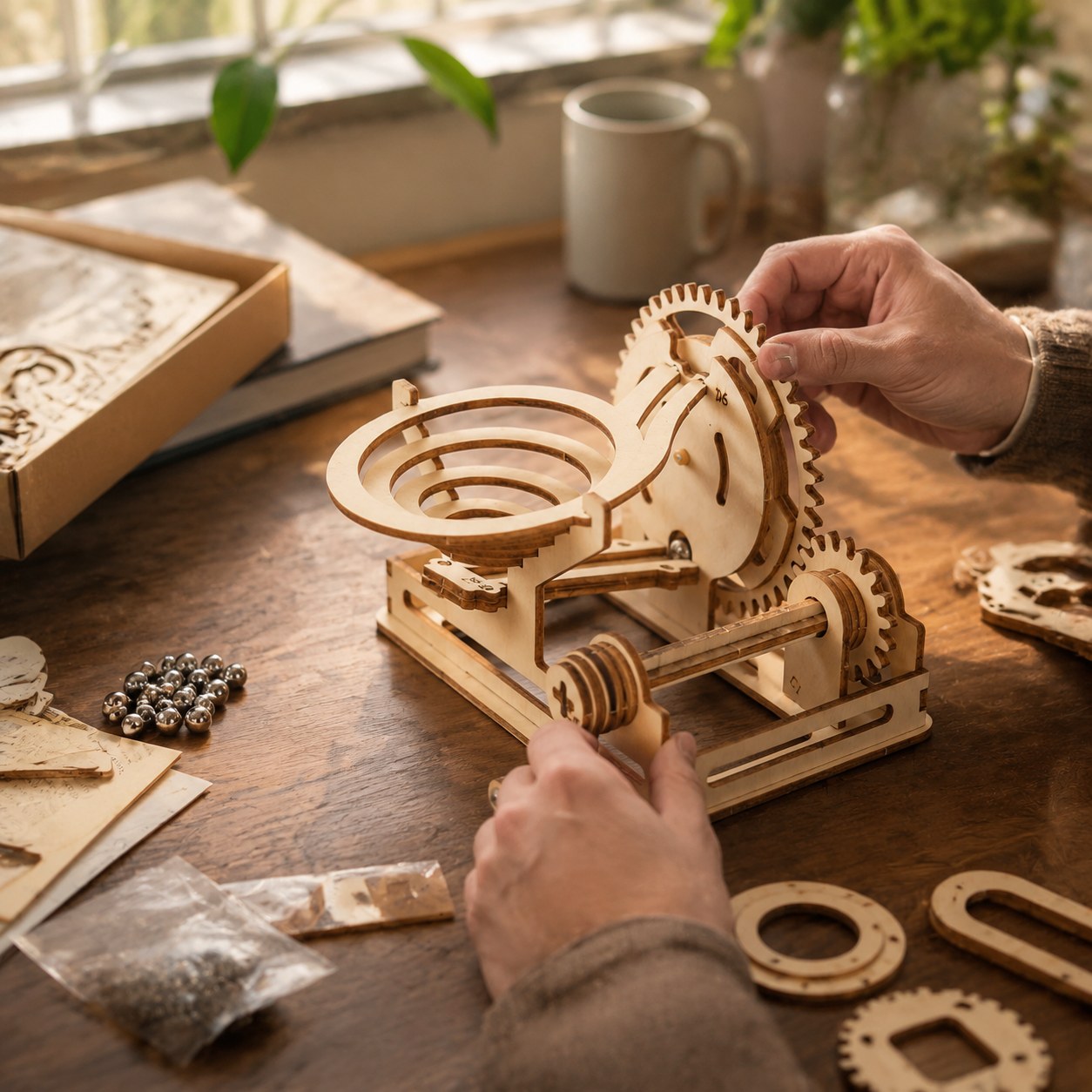Adult assembling wooden marble run puzzle
