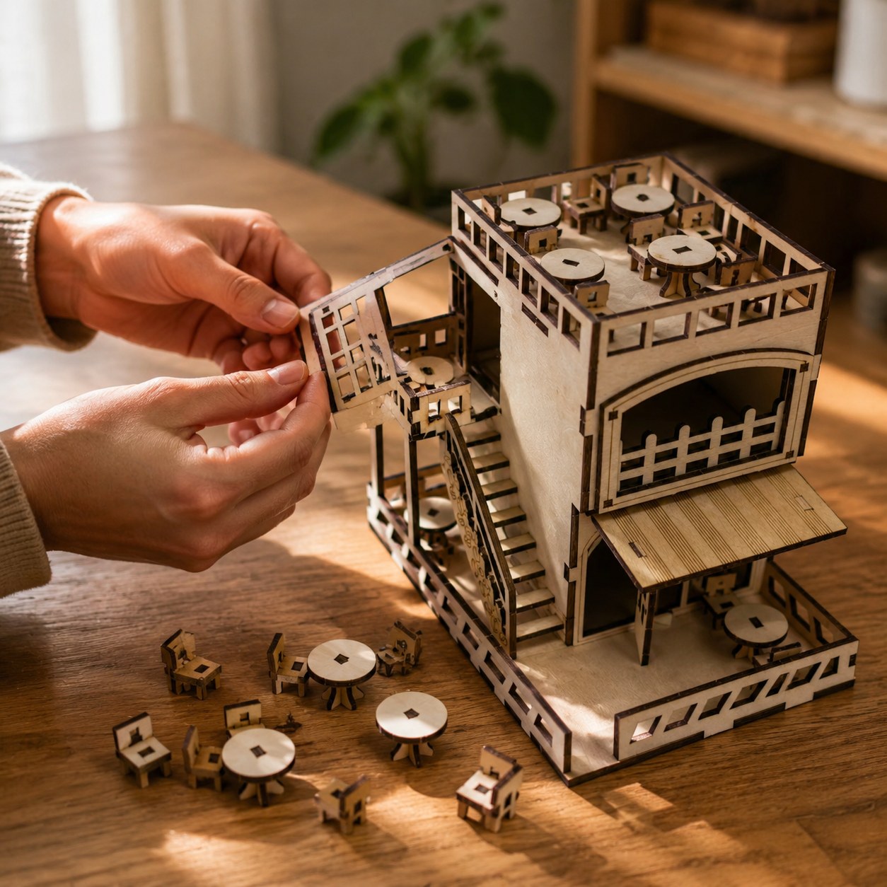 Hands assembling the wooden coffee shop model kit
