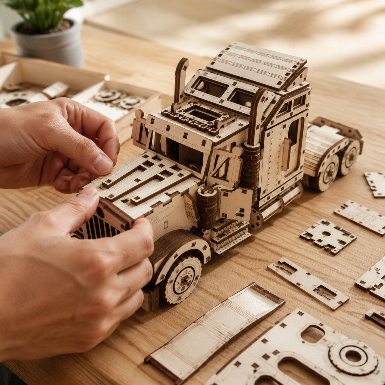 Adult hands assembling the two-tone wooden semi-truck model on a workbench
