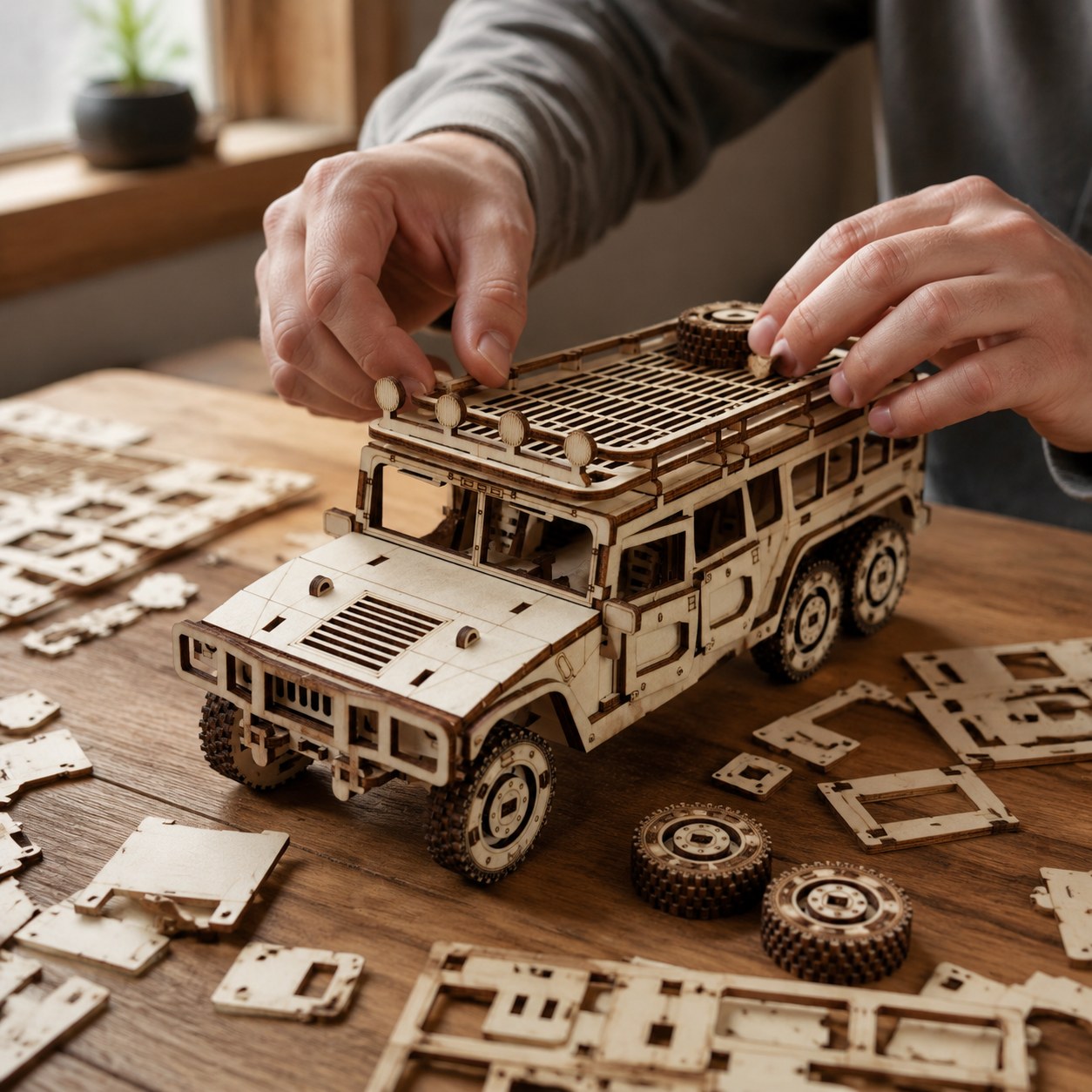 Adult building the wooden 6x6 off-road vehicle model on a workbench