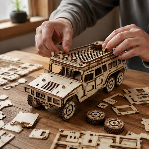 Adult building the wooden 6x6 off-road vehicle model on a workbench