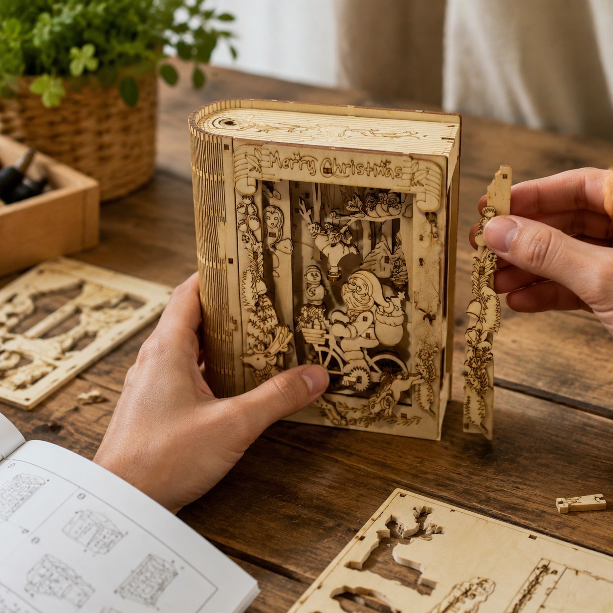 Person assembling the 3D wooden Christmas book puzzle
