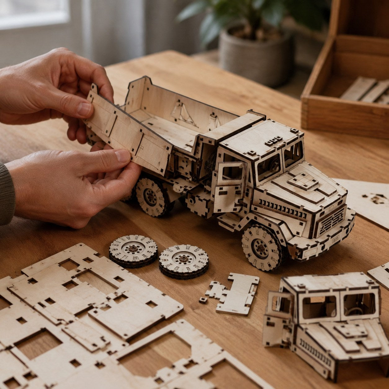 Adult hands assembling the wooden dump truck model on a workbench