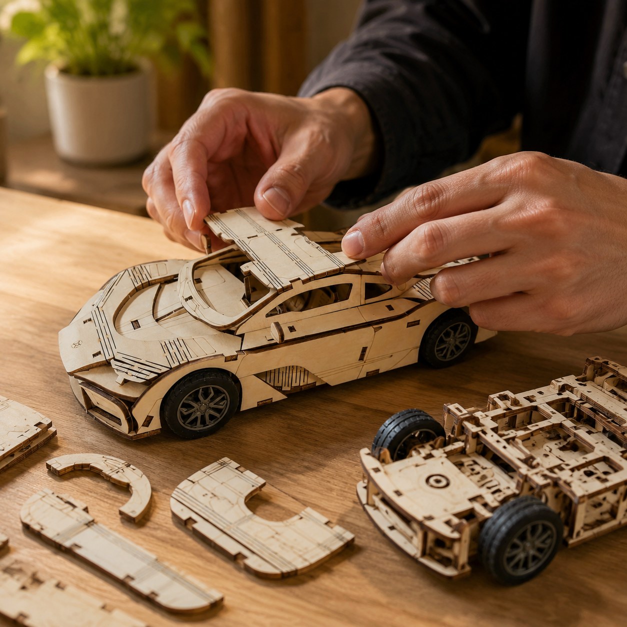 Adult hands assembling the Jigden wooden sports car model on a workbench