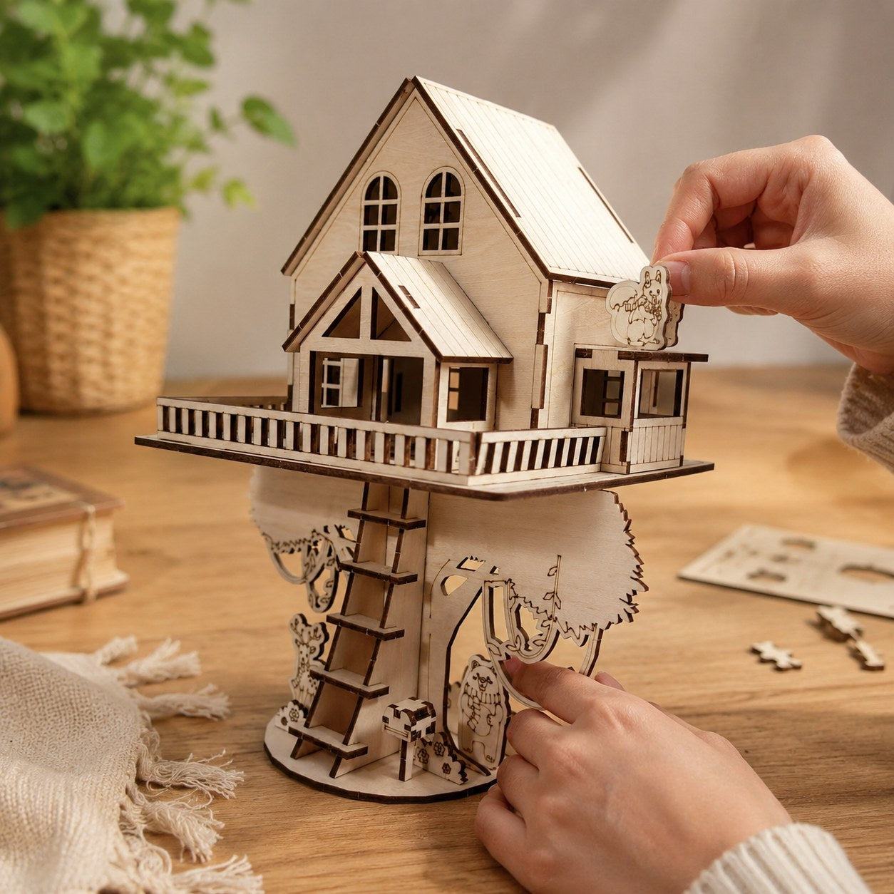 Person assembling the woodland treehouse 3D wooden puzzle
