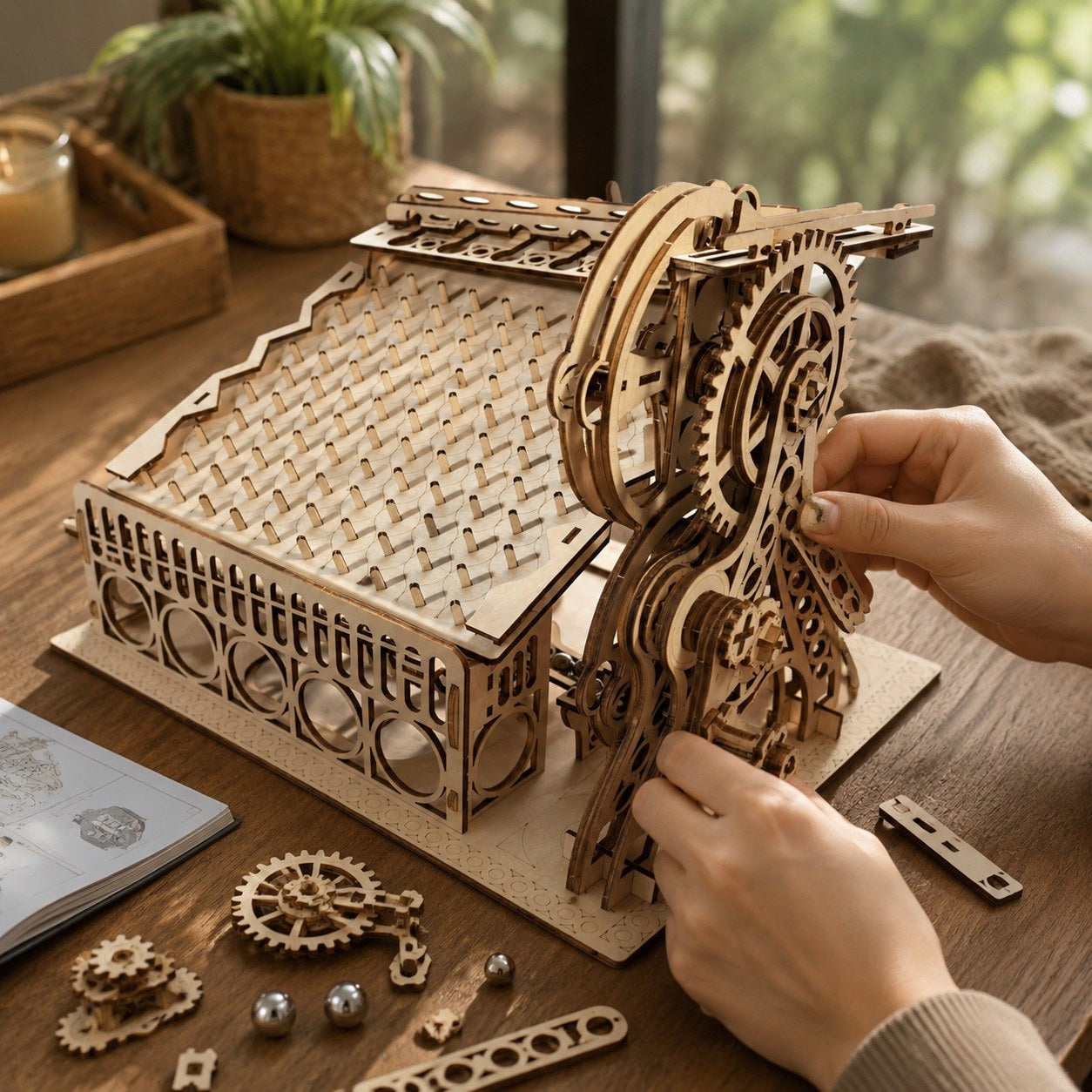 Person assembling the wooden kinetic marble run