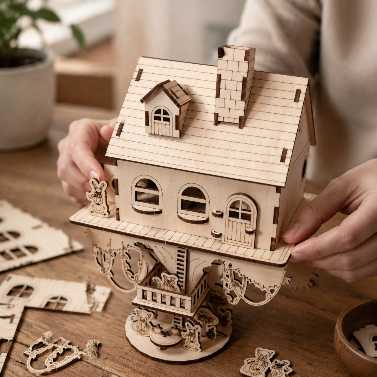 Person assembling the wooden treehouse puzzle on a workbench