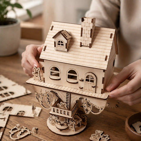Person assembling the wooden treehouse puzzle on a workbench