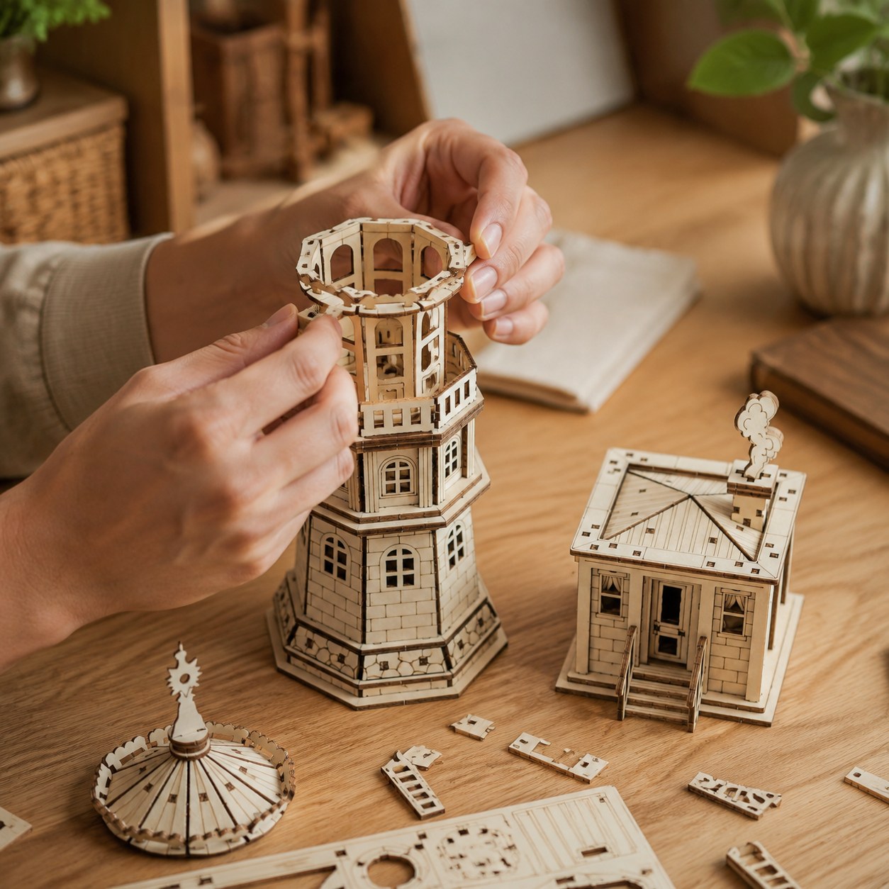 Hands assembling the Coastal Lighthouse 3D Wooden Puzzle on a wooden workbench
