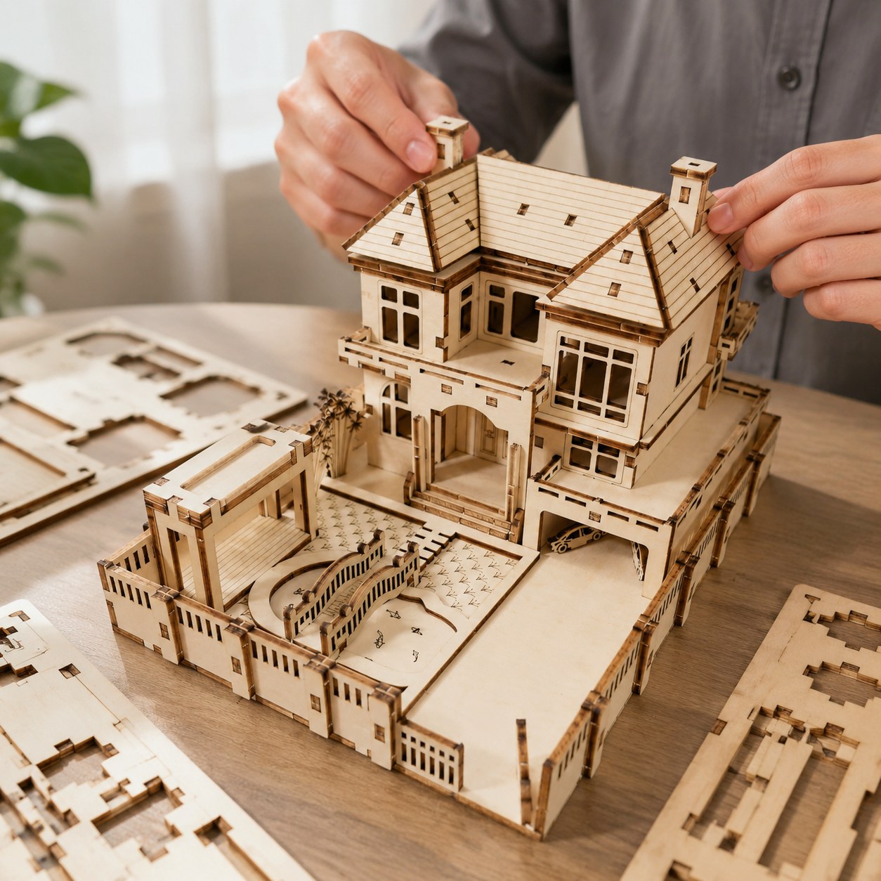 Hands assembling the wooden villa 3D puzzle