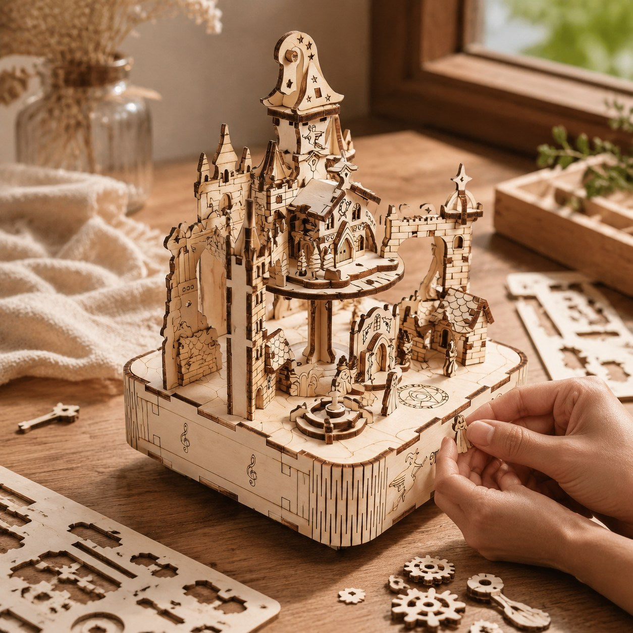 Person assembling the Magical Castle 3D Wooden Puzzle