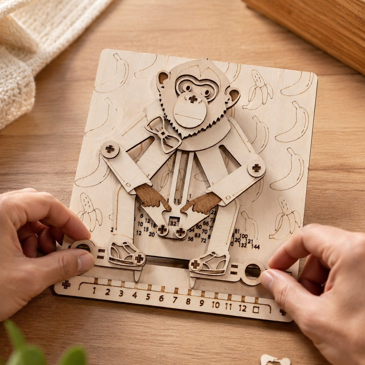 Hands operating the mechanical wooden math monkey calculator