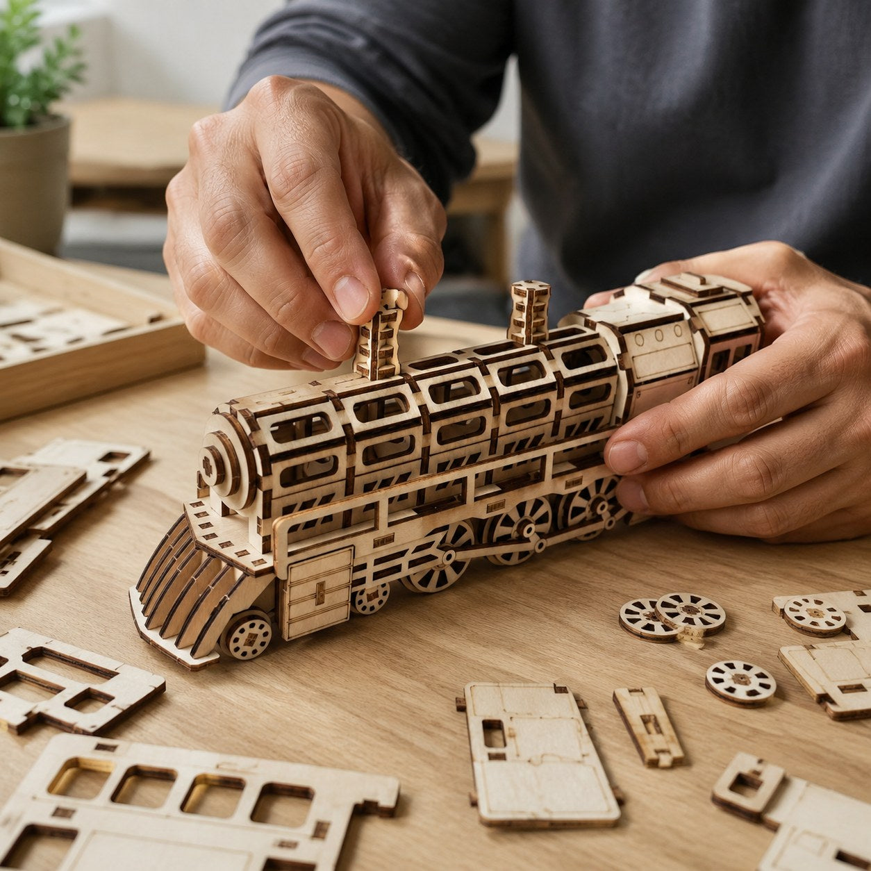 Adult assembling a wooden train model on a workbench