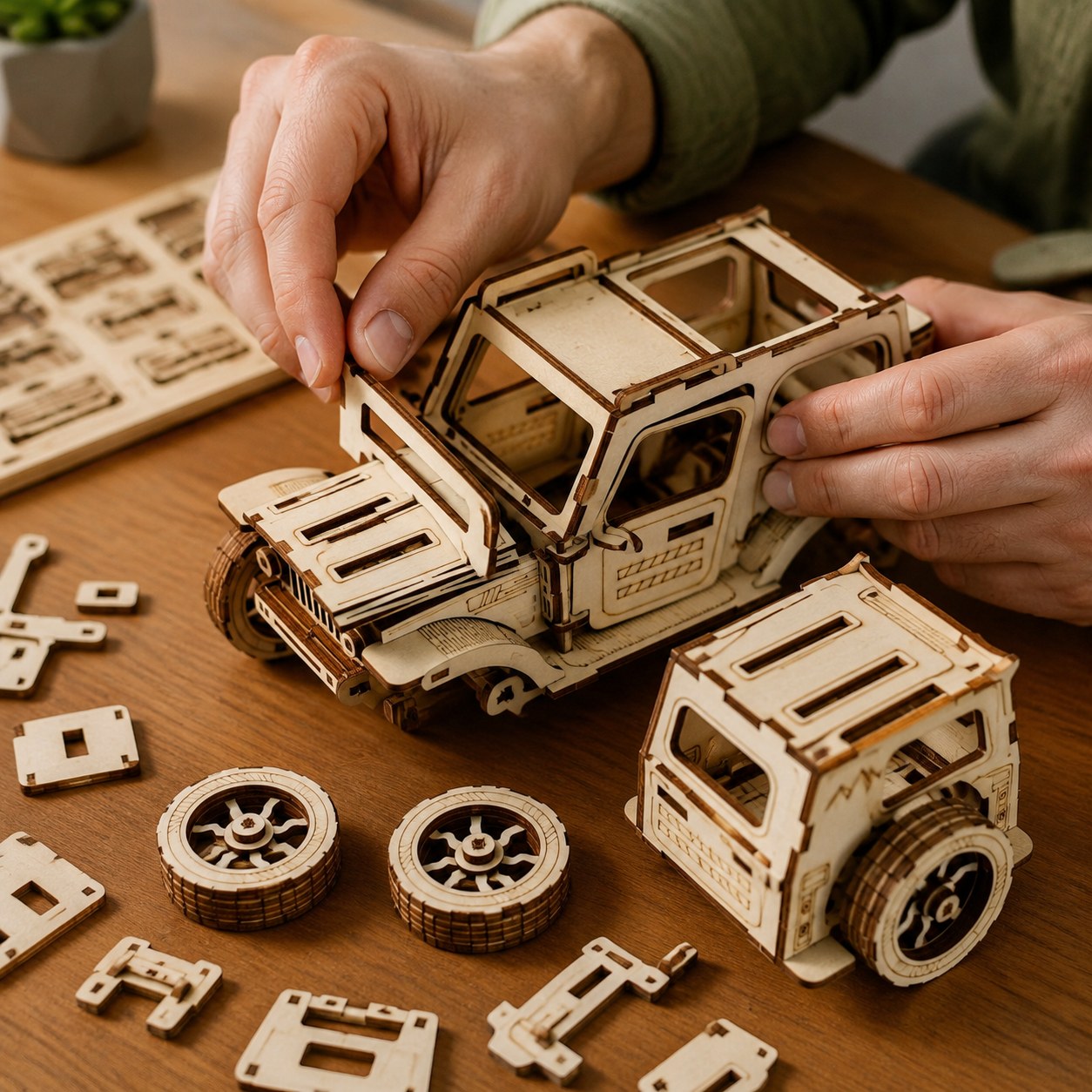 Adult hands assembling the 3D wooden off-road vehicle model kit on a workbench.