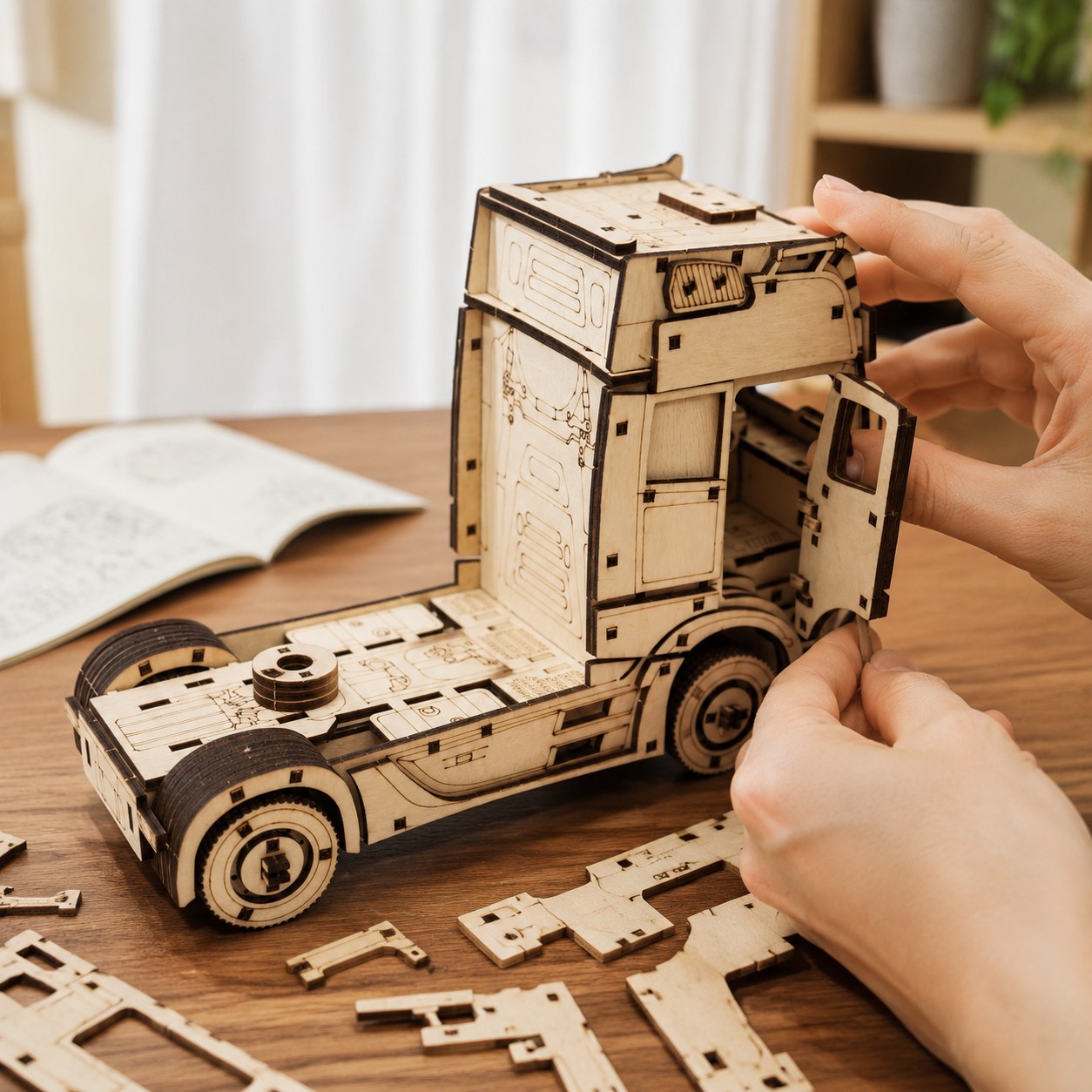 Adult hands assembling the wooden semi truck model kit on a workbench
