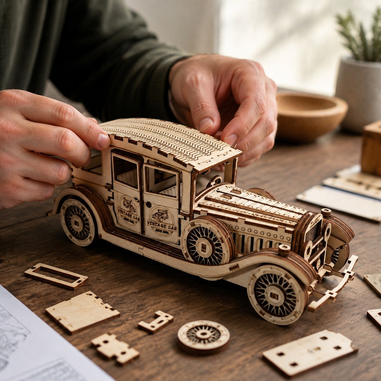 Adult hands assembling the Classic Vintage Car 3D Wooden Puzzle