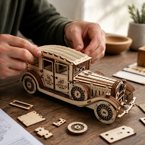 Adult hands assembling the Classic Vintage Car 3D Wooden Puzzle