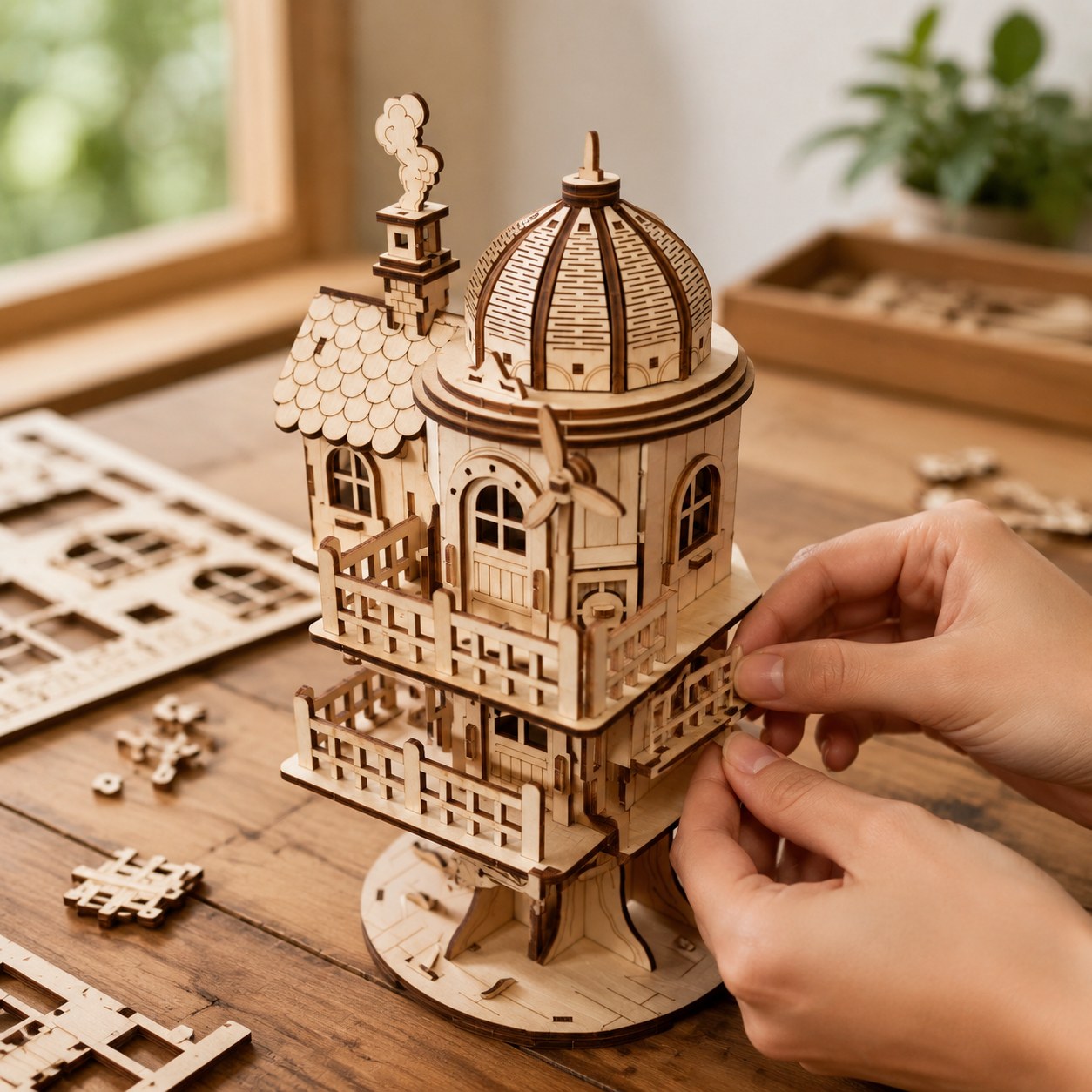 Adult hands assembling the wooden treehouse puzzle on a workbench
