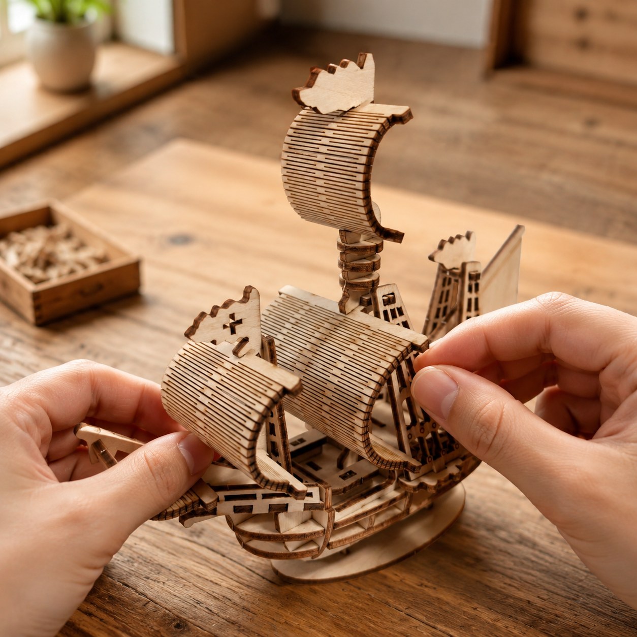 Hands assembling the wooden sailing ship model