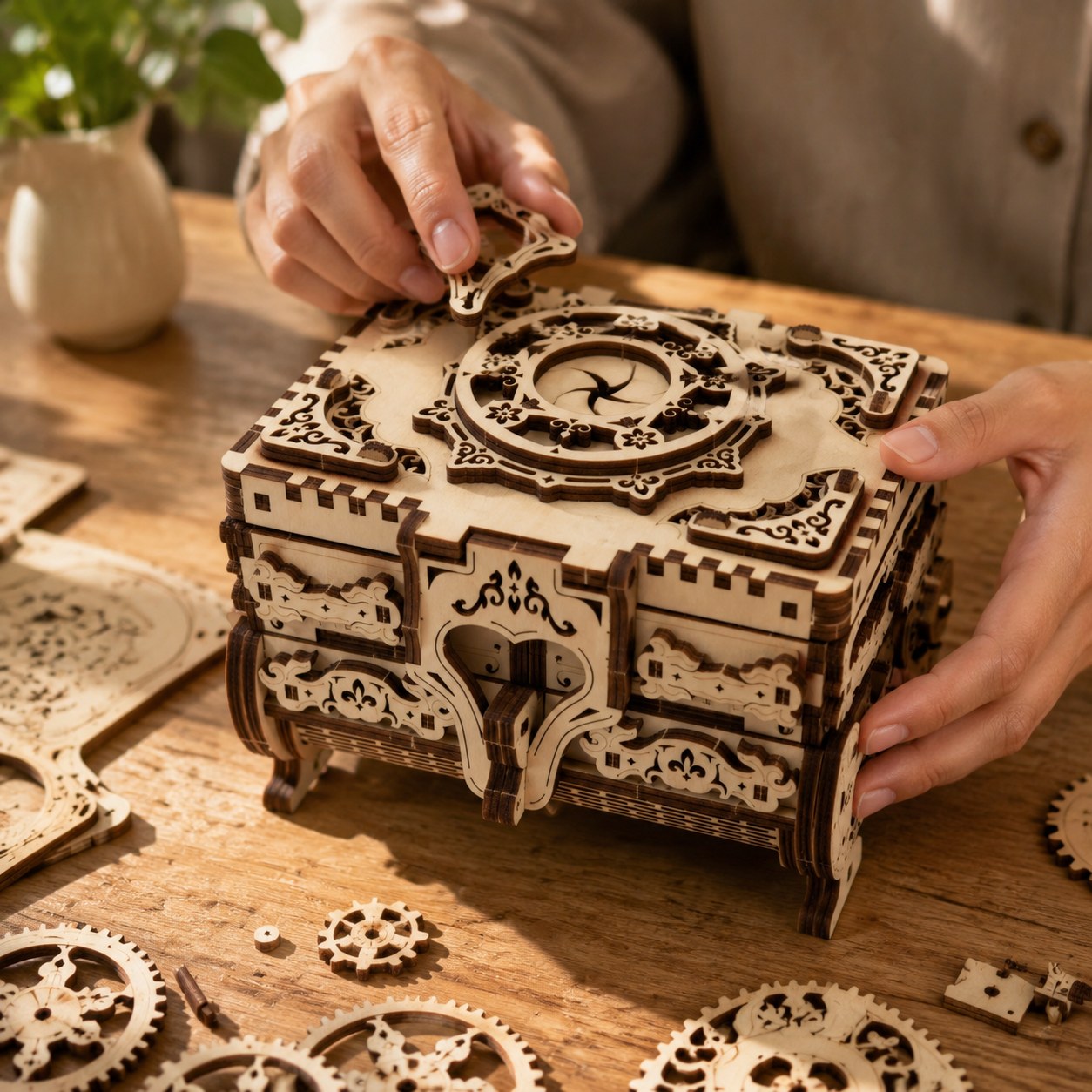 Hands building the wooden jewelry box puzzle on a workbench