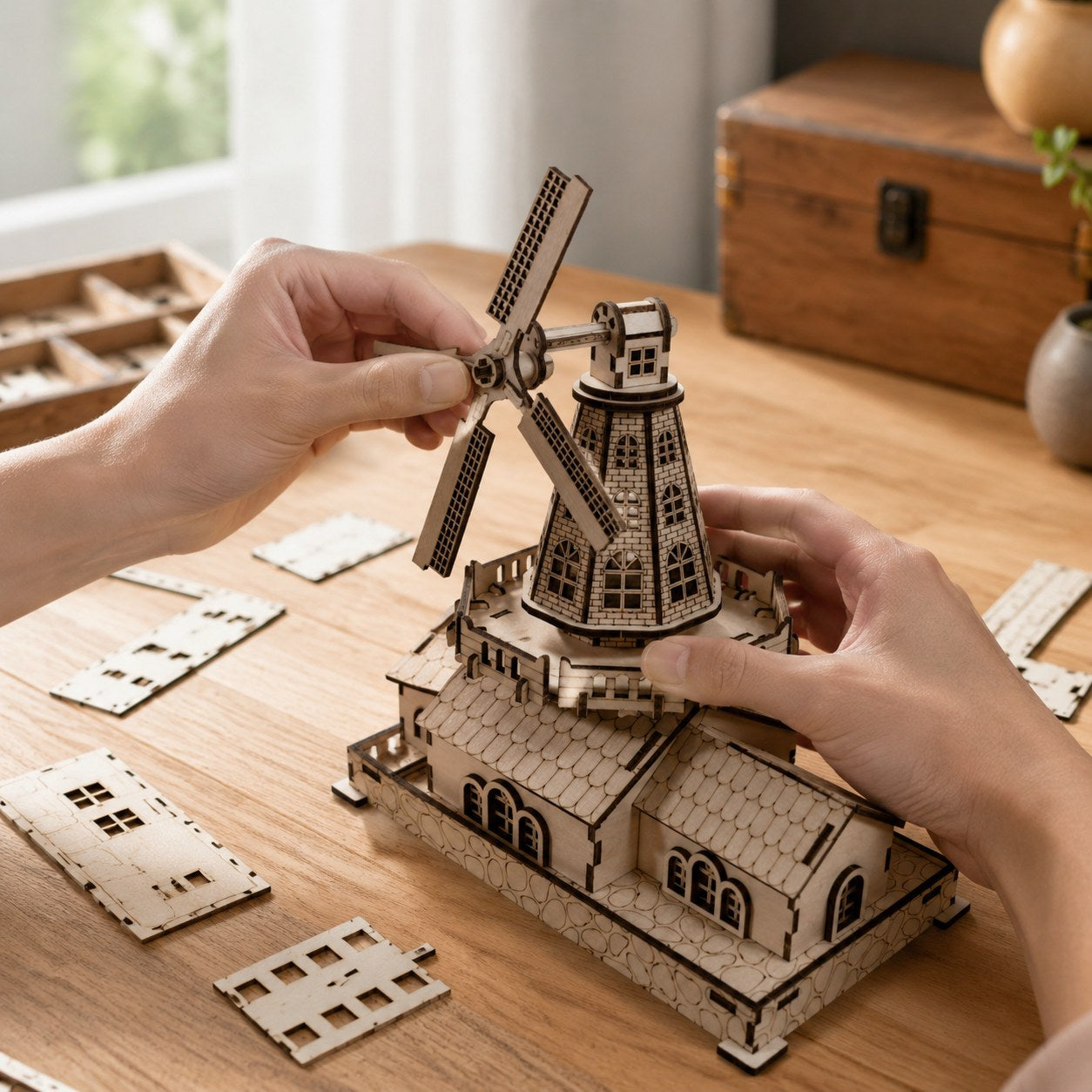 Adult hands assembling a 3D wooden windmill model on a workbench