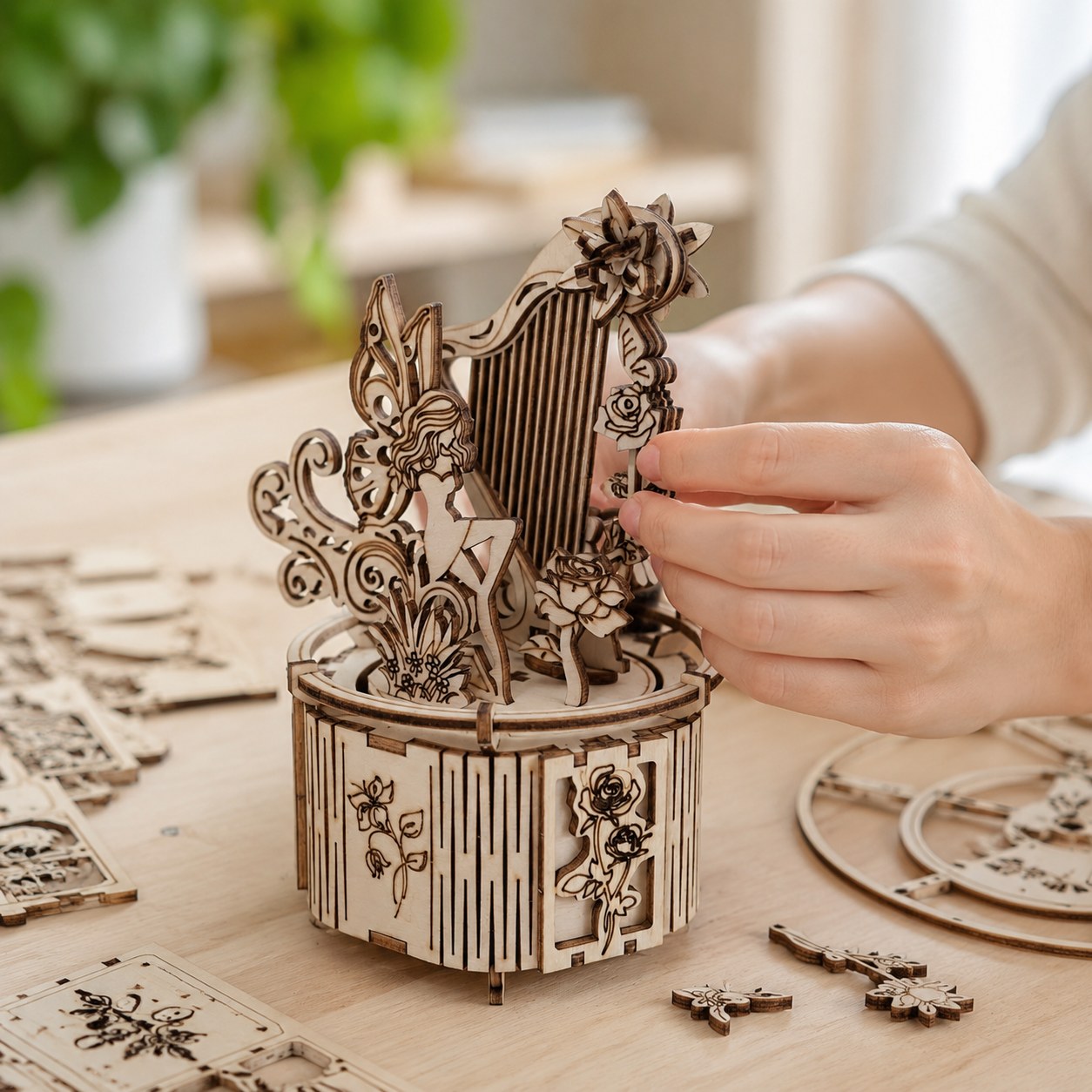 Hands assembling the Jigden Fairy Harp 3D Wooden Puzzle