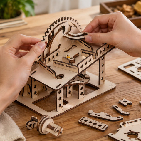 Adult hands assembling the wooden marble run puzzle on a workbench