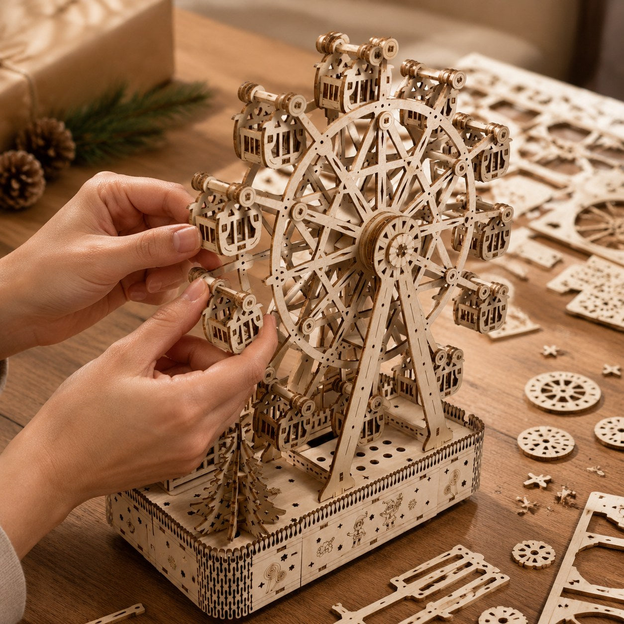 Person assembling the Winter Ferris Wheel 3D Wooden Puzzle