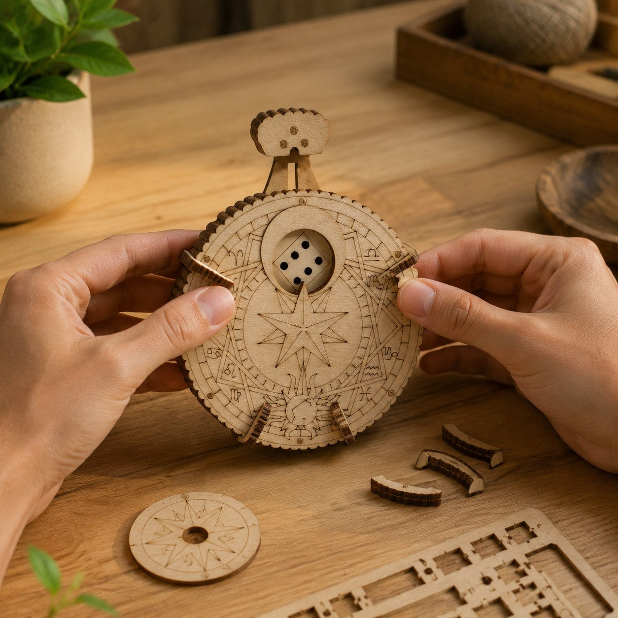 Adult hands assembling the wooden dice roller kit
