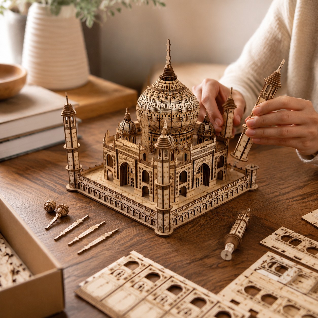 Adult hands assembling the intricate wooden pieces of the Taj Mahal 3D puzzle