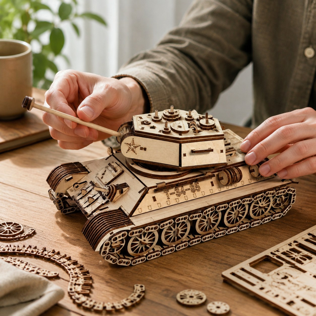 Person assembling the wooden tank puzzle on a workbench