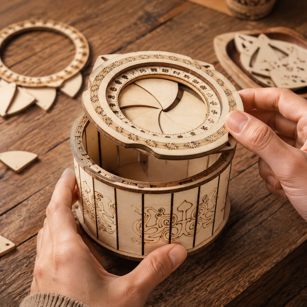Hands assembling the Mechanical Iris 3D Wooden Puzzle Box