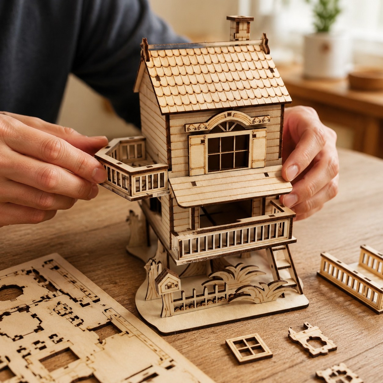 Adult hands assembling the wooden treehouse puzzle on a workbench