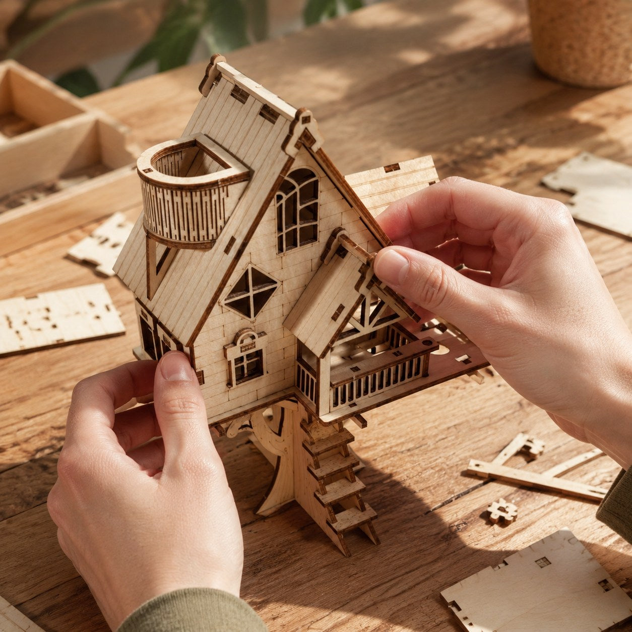 Assembling the wooden treehouse puzzle on a workbench
