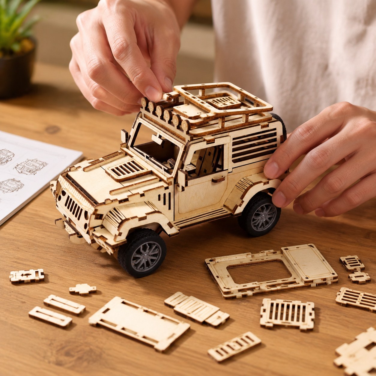 Person assembling the off-road 3D wooden puzzle on a workbench