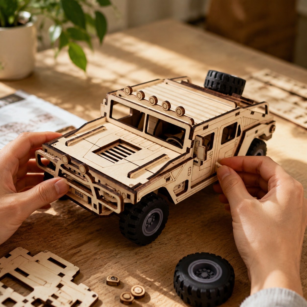 Person assembling the wooden tactical off-road vehicle model