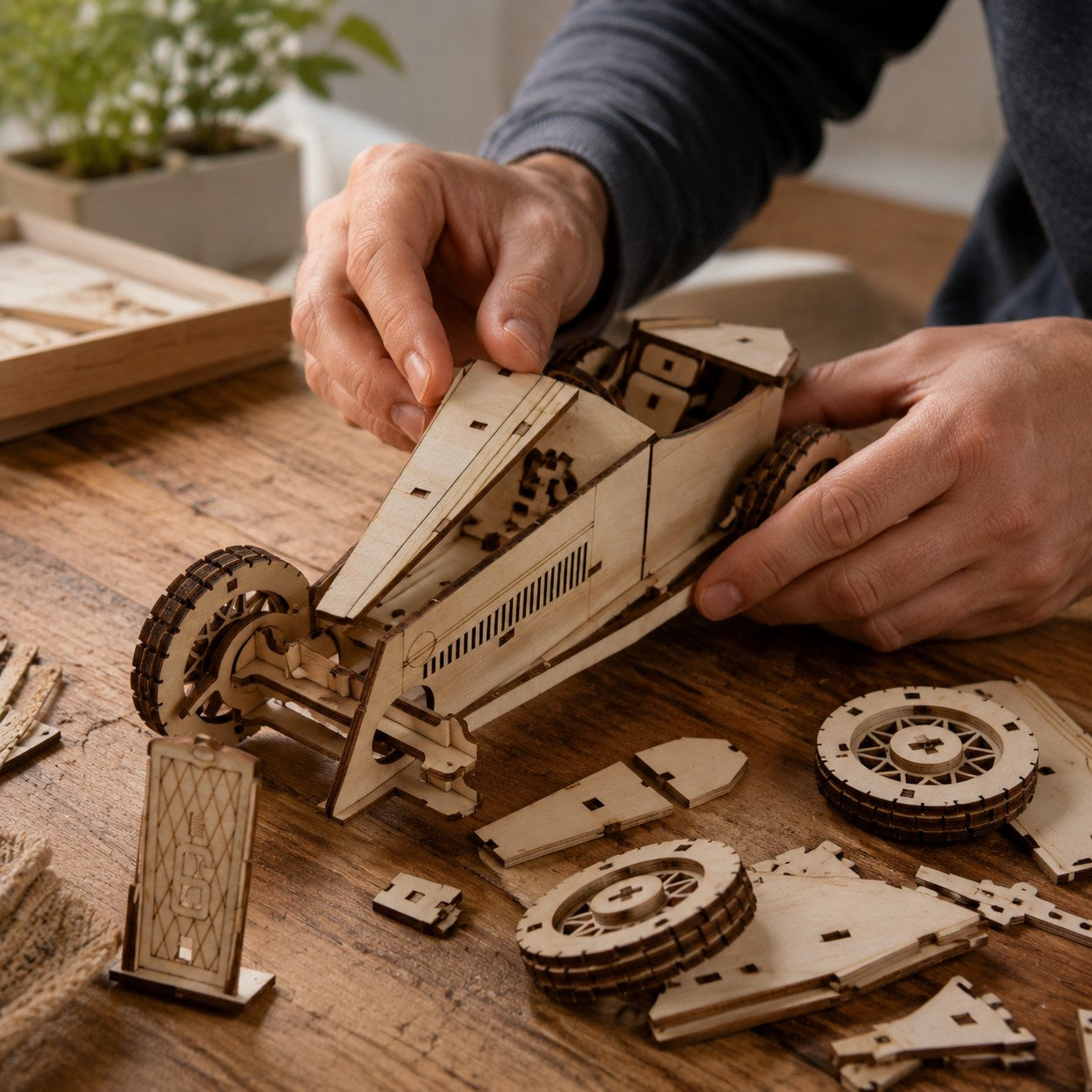 Adult hands assembling the Vintage Grand Prix Race Car 3D Wooden Puzzle on a workbench
