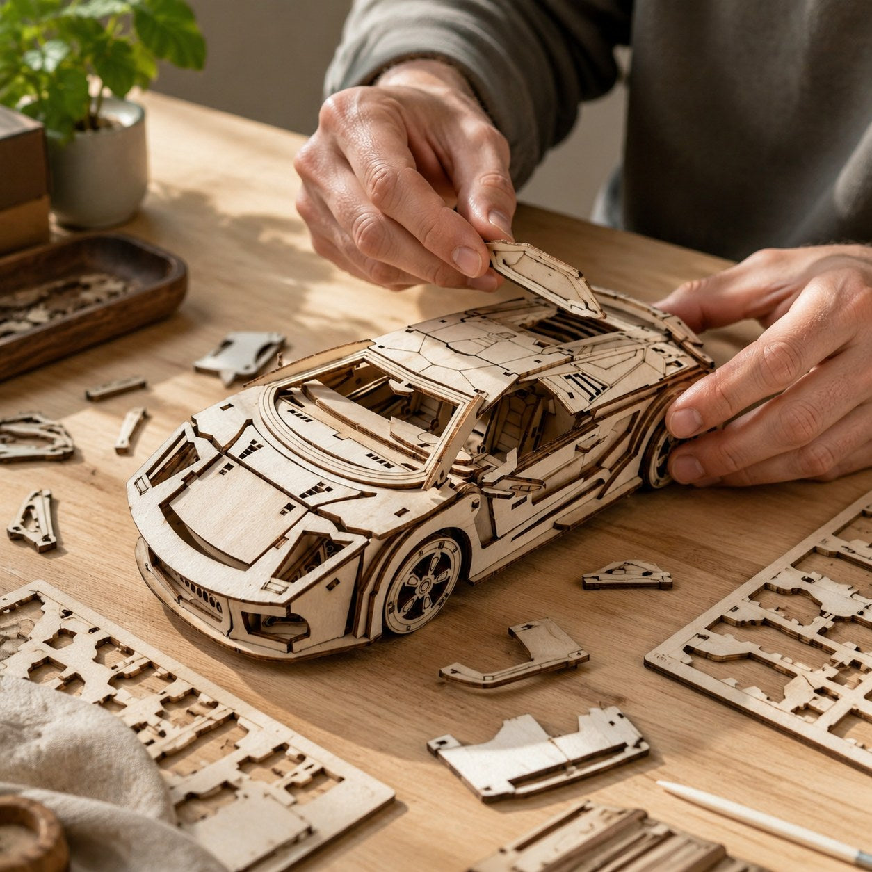 Hands assembling the wooden supercar model on a workbench