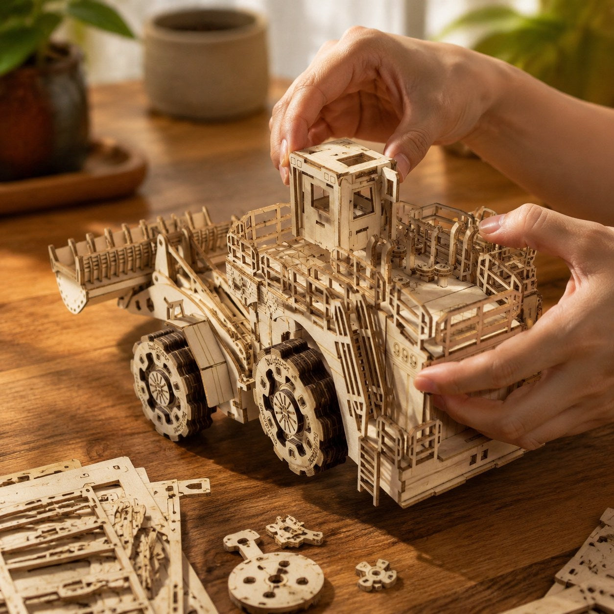 Hands assembling the wooden bulldozer model kit