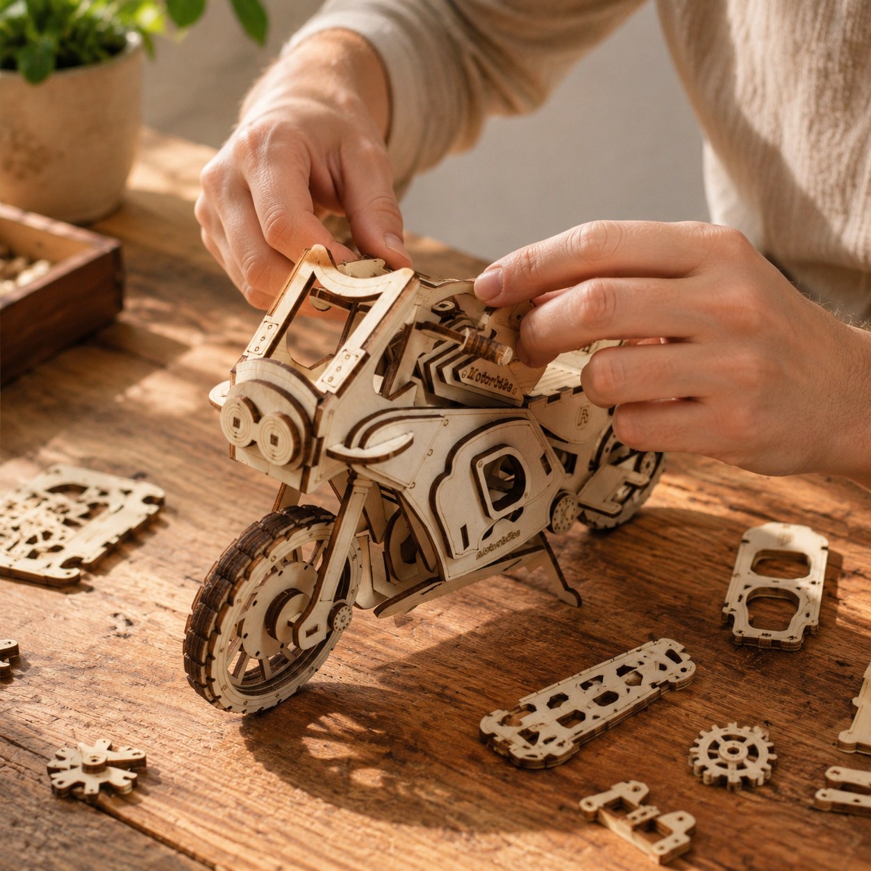 Adult assembling the wooden motorbike puzzle on a workbench