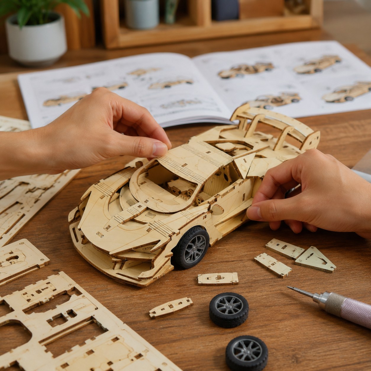 Person assembling the Jigden 3D wooden supercar puzzle on a workbench
