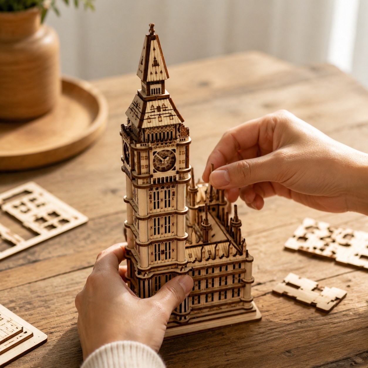 Adult hands assembling the Big Ben 3D wooden puzzle