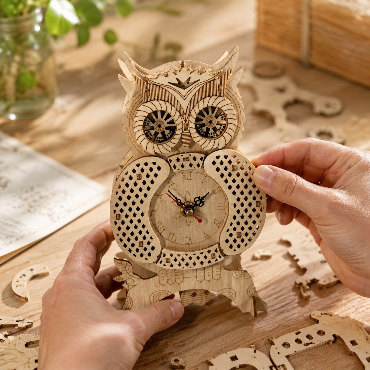Adult hands assembling the wooden owl clock puzzle on a workbench