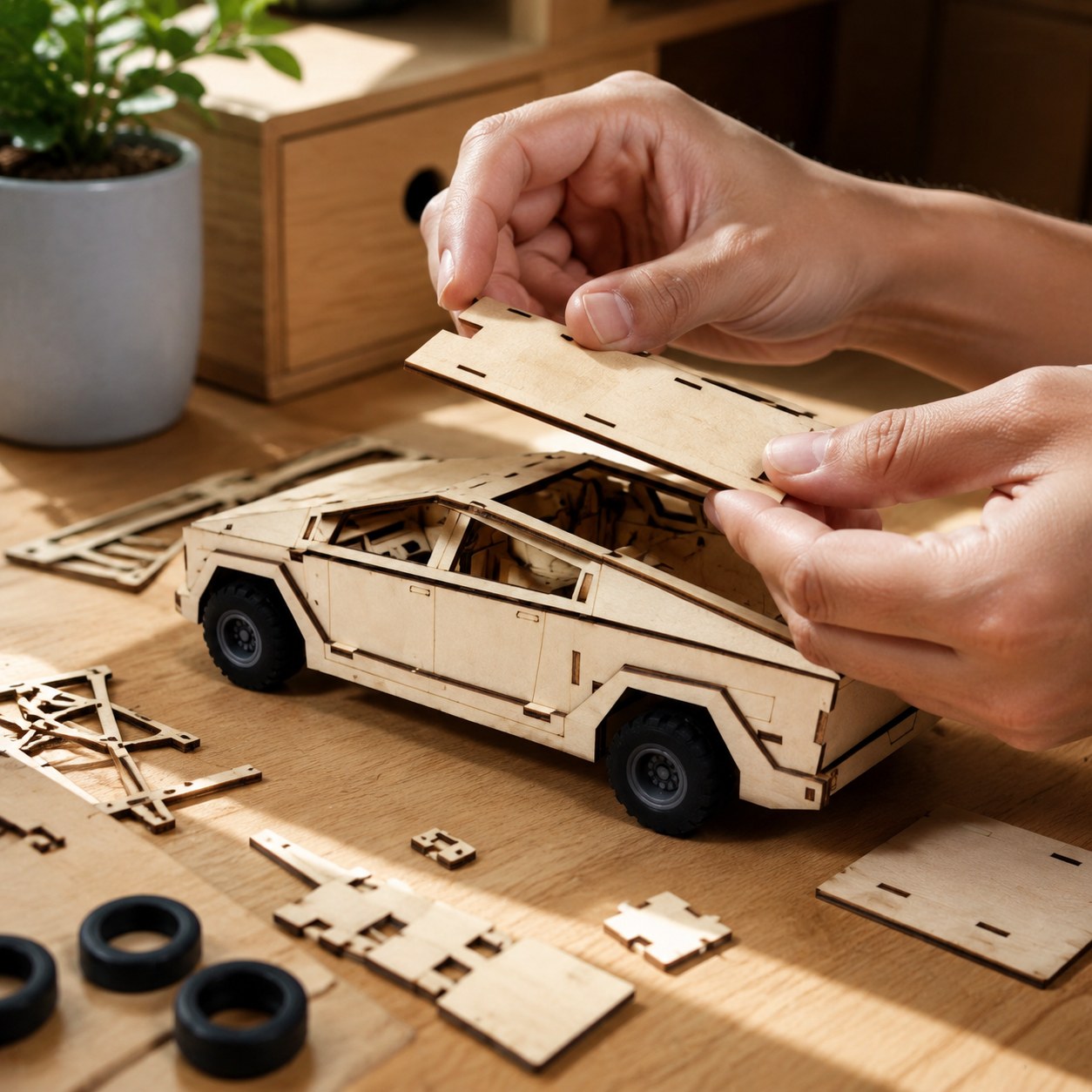 Adult hands assembling a futuristic 3D wooden pickup truck model