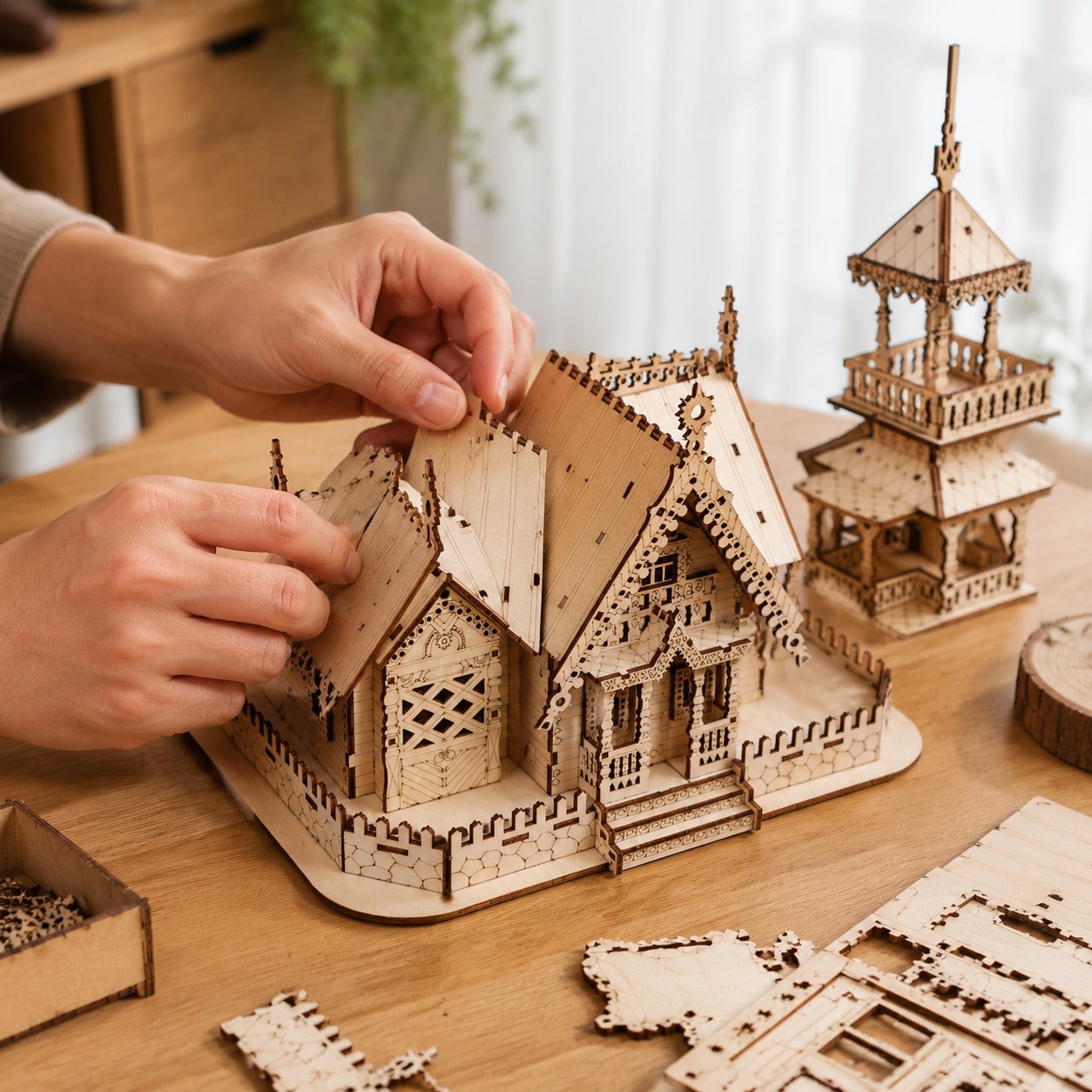 Adult hands assembling the Ornate Manor 3D Wooden Puzzle