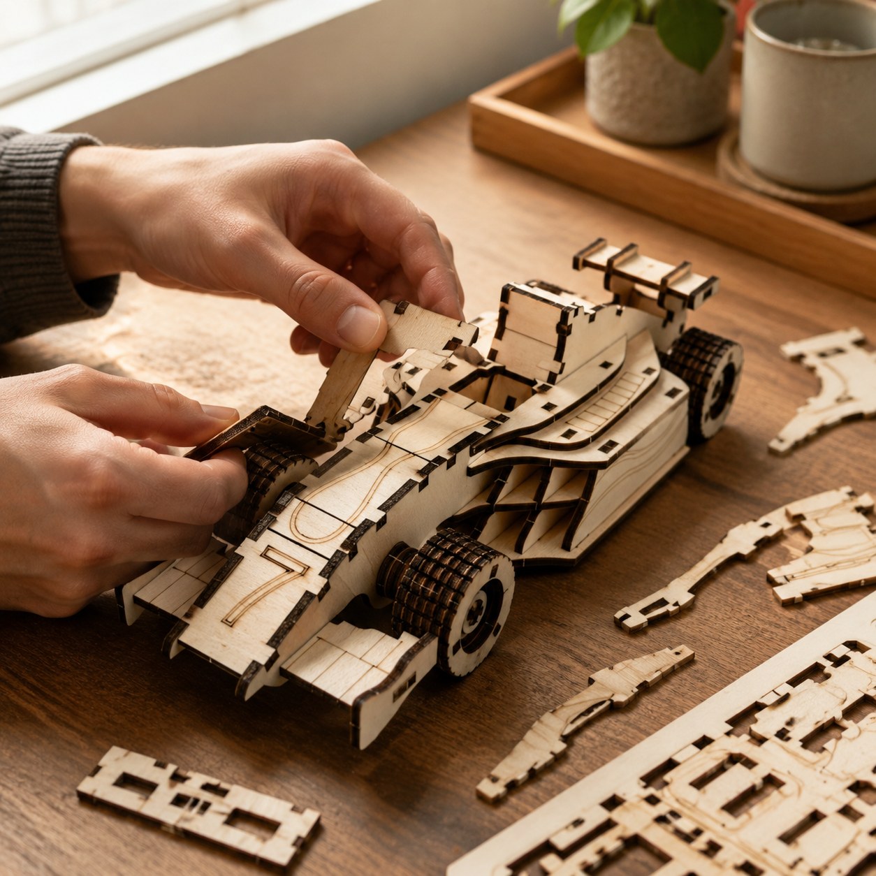 Person assembling a wooden race car model on a workbench